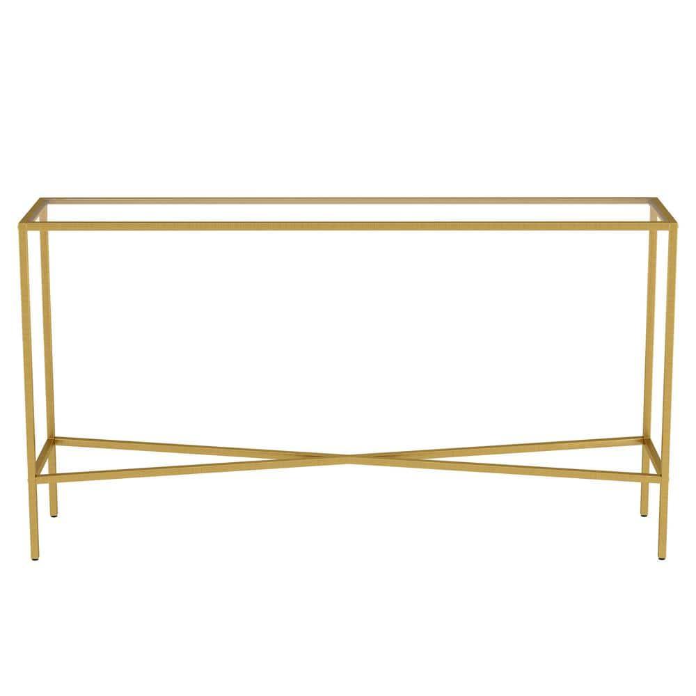 Evelyn&Zoe Henley 55" Wide Rectangular Console Table with Glass Top, Brass