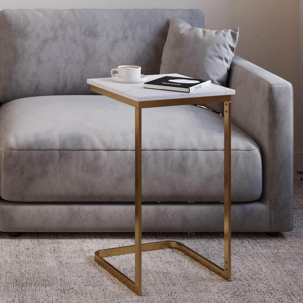 C-Shaped End Table - Real Marble Side Table with Gold Iron Frame for Couch, Loveseat, or Bed - Modern Living Room Furniture by Lavish Home (White)