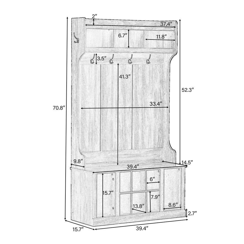 3 in 1 Hall Tree Coat Hanger Entryway Bench with 6 Hooks & Adjustable Shelves, Solid Wood Hallway Organizer with Storage Compartment for Hallway Living Room Mudroom, Brown