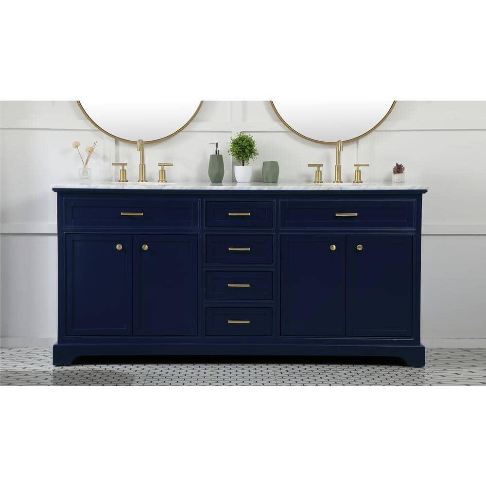 Elegant Decor Americana 72" Metal MDF Marble Double Bathroom Vanity in Blue