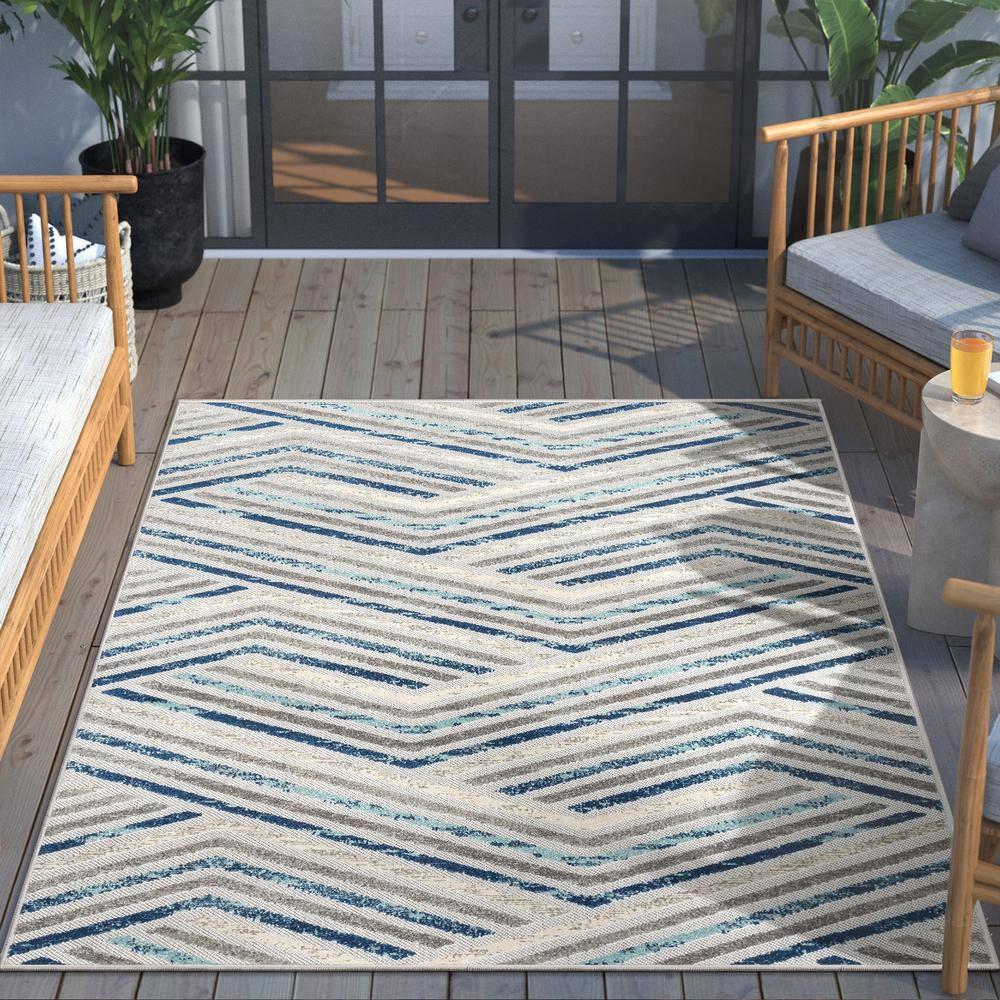 Neema Modern Chevron Striped Indoor/Outdoor Grey Blue High-Low Rug