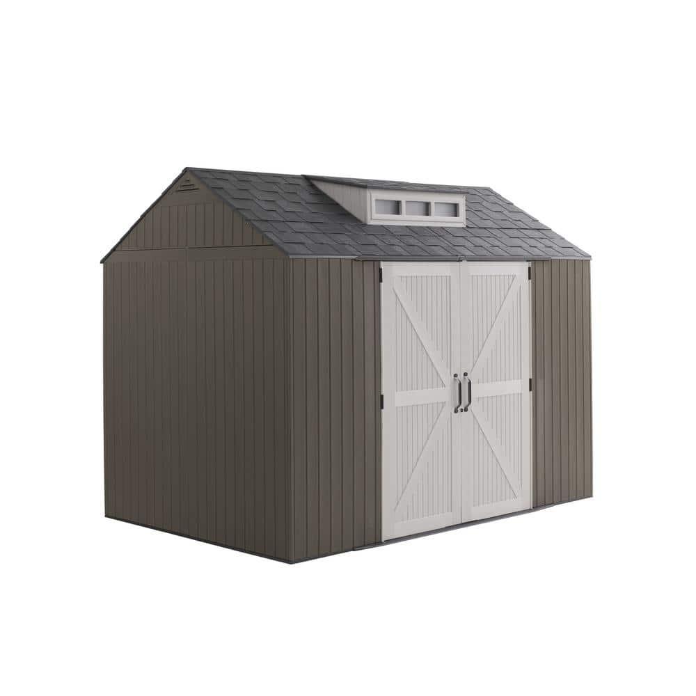 Rubbermaid Extra Large Resin Outdoor Storage Shed With Floor (7 x 10.5 Ft.) Weather Resistant Brown Organization for Home/Lawn Mower/Backyard Equipment/Bike Storage/Pool Supplies