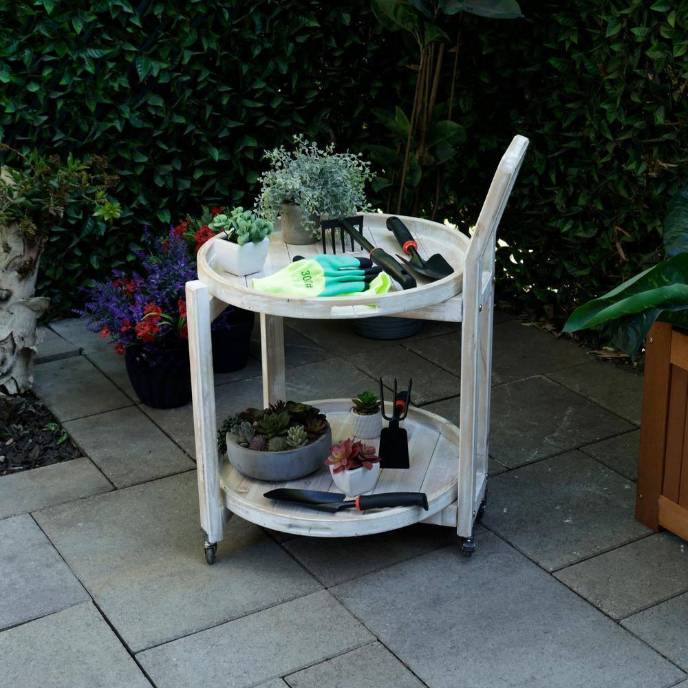 Alpine Corporation MBB172 Wood 2-Tier Rolling Storage Cart for Books, Plants, Decor, Rustic Storage Push Cart with 2 Shelves