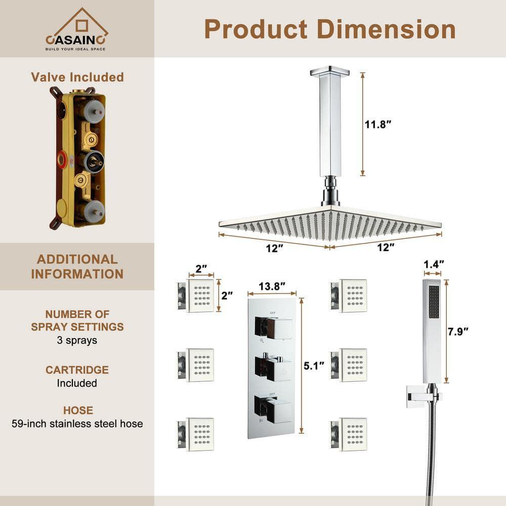 3-Function Luxury Ceiling Mount 12 Inch LED Thermostatic Shower System with 6 Body Jets