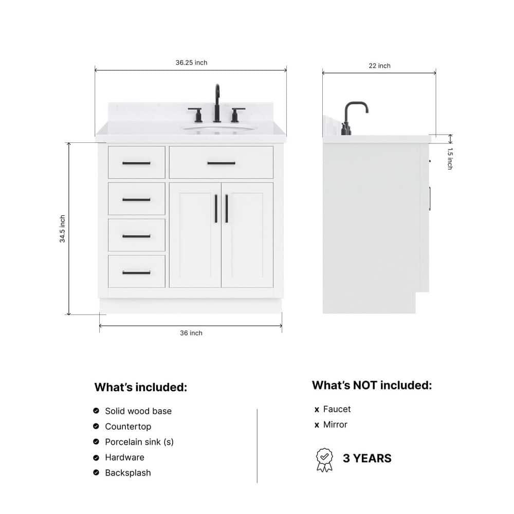 Ariel T036srcqovo Hepburn 36" Free Standing Single Basin Vanity Set - White