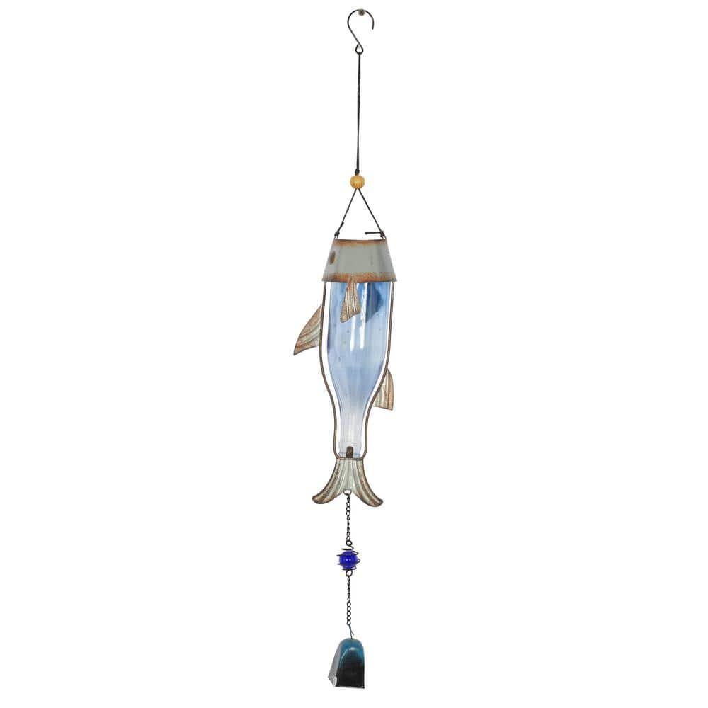 DecMode 32" Blue Metal Fish Windchime with Glass Bottle Body and Beads (2 Count)