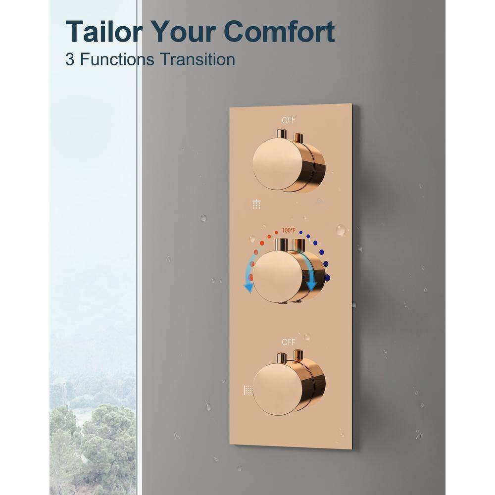 GRANDJOY RGB LED 5-Spray Shower System Ceiling Mount 12 in. Fixed and Handheld Shower Head Shower Faucet Set Thermostatic Valve Kit Rose Gold