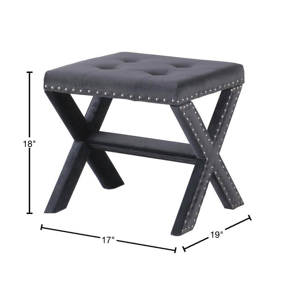 Velvet Fabric Upholstered Square Accent Bench in Gray