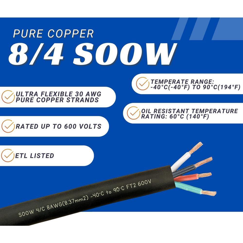 8 Gauge 4 Conductor 10 Feet Black SOOW Cable