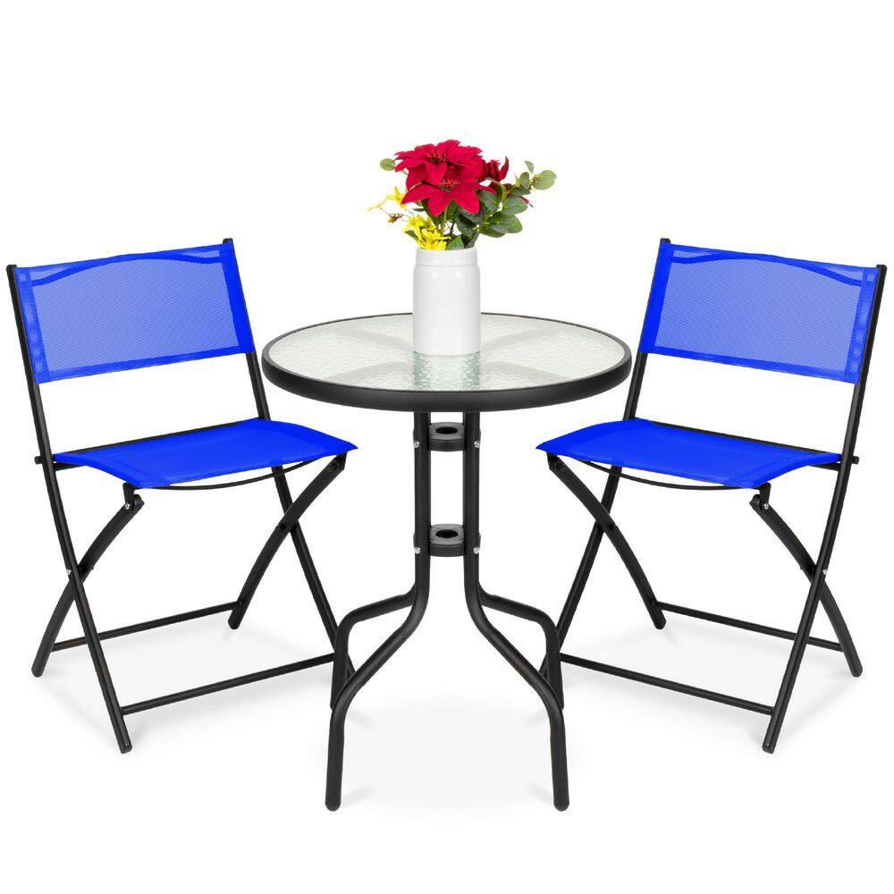 George Oliver 3-Piece Patio Bistro Dining Furniture Set W/ Glass Tabletop, Folding Chairs