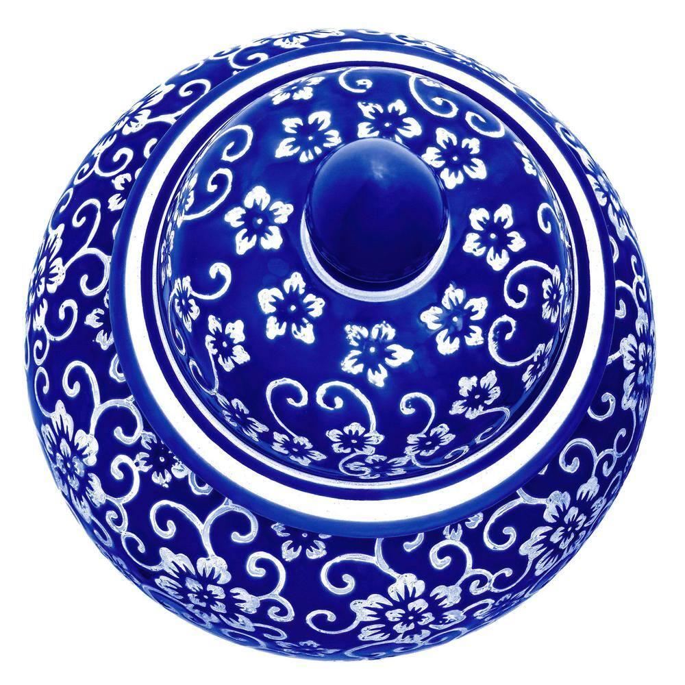 18" White Flowers on Blue Temple Jar