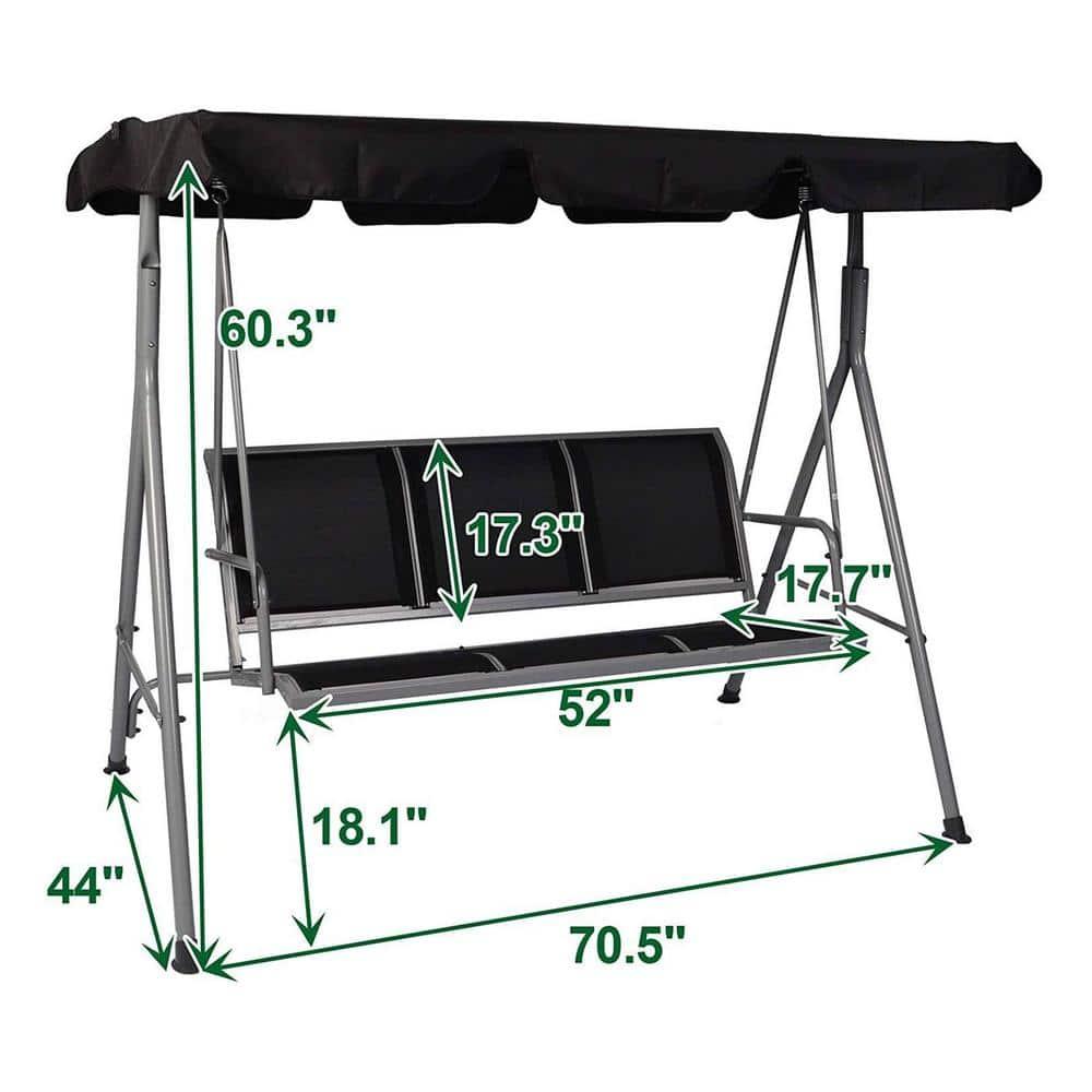Gray Iron 3-Person Patio Swing with Adjustable Canopy