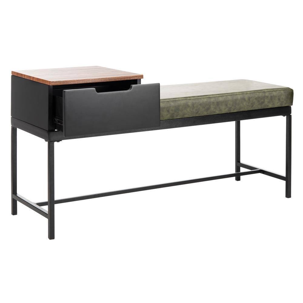 Maruka Bench with Storage - Grey Wash/Dark Green - Safavieh