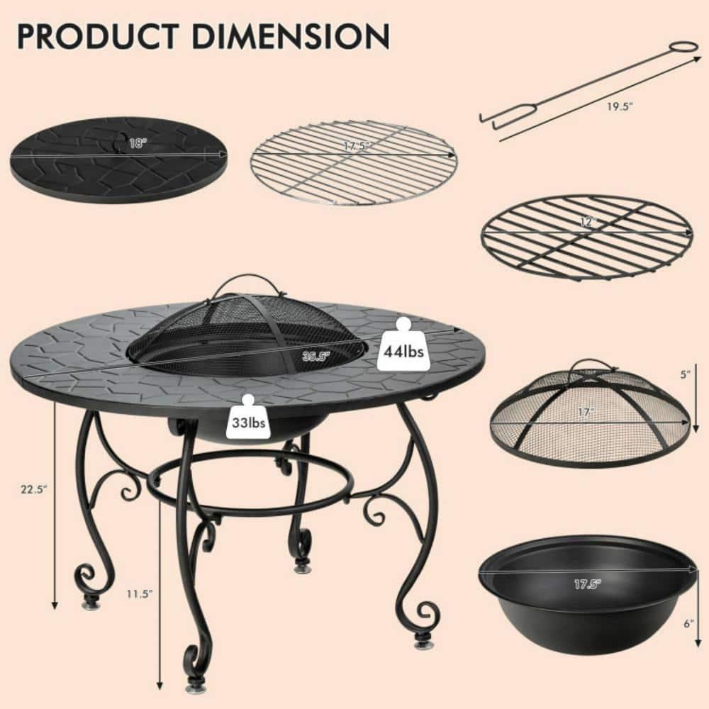 Costway 35.5'' Patio Fire Pit Dining Table Charcoal Wood Burning W/ Cooking BBQ Grate