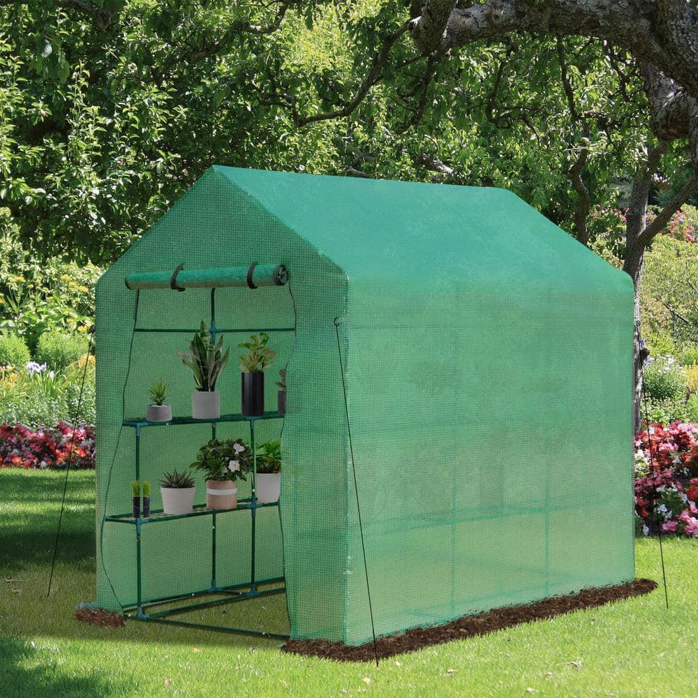 Outsunny 84.25" x 56.25" x 76.75" Walk-in Greenhouse, 2-Tier Shelves, Steel Frame Hot house, Roll-Up Zipper Door for Flowers, Vegetables, Green