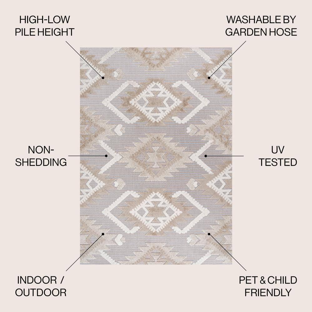3'x5' Sumak High-Low Pile Neutral Diamond Kilim Indoor/Outdoor Area Rug, Beige/Gray - JONATHAN Y