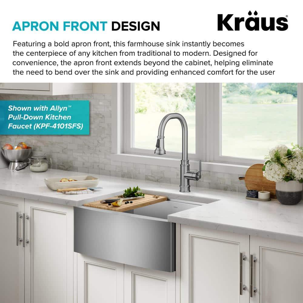 KRAUS Kore™ 24" L Farmhouse Apron Front Workstation 16 Gauge Stainless Steel Single Bowl Kitchen Sink with Accessories