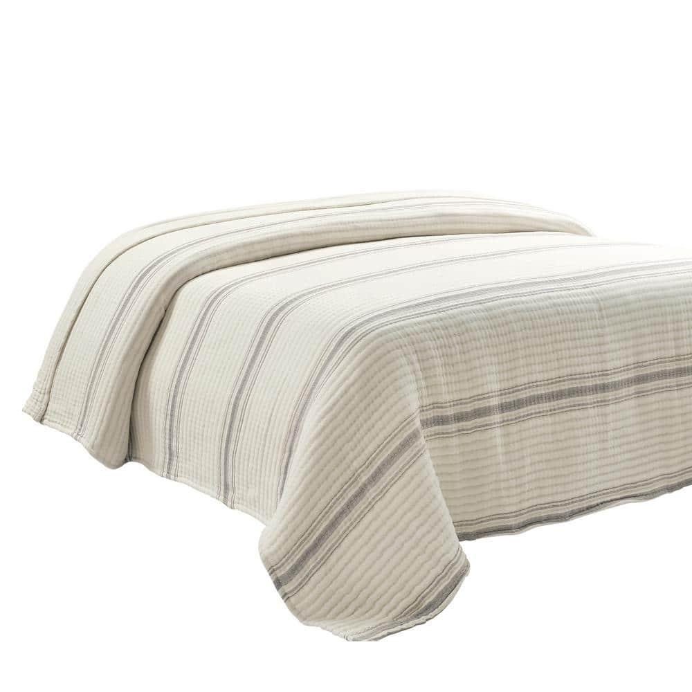 Full/Queen Farmhouse Stripe Kantha Pick Sti Thread Counth Yarn Dyed Woven Single Quilt/Coverlet Gray - Lush Décor
