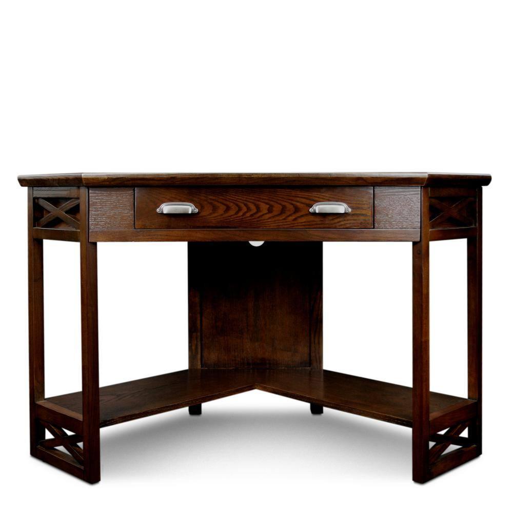 Leick Home 81430 Corner Computer/Writing Desk with Drawer and Shelf, Made with Solid Wood, Chocolate Oak