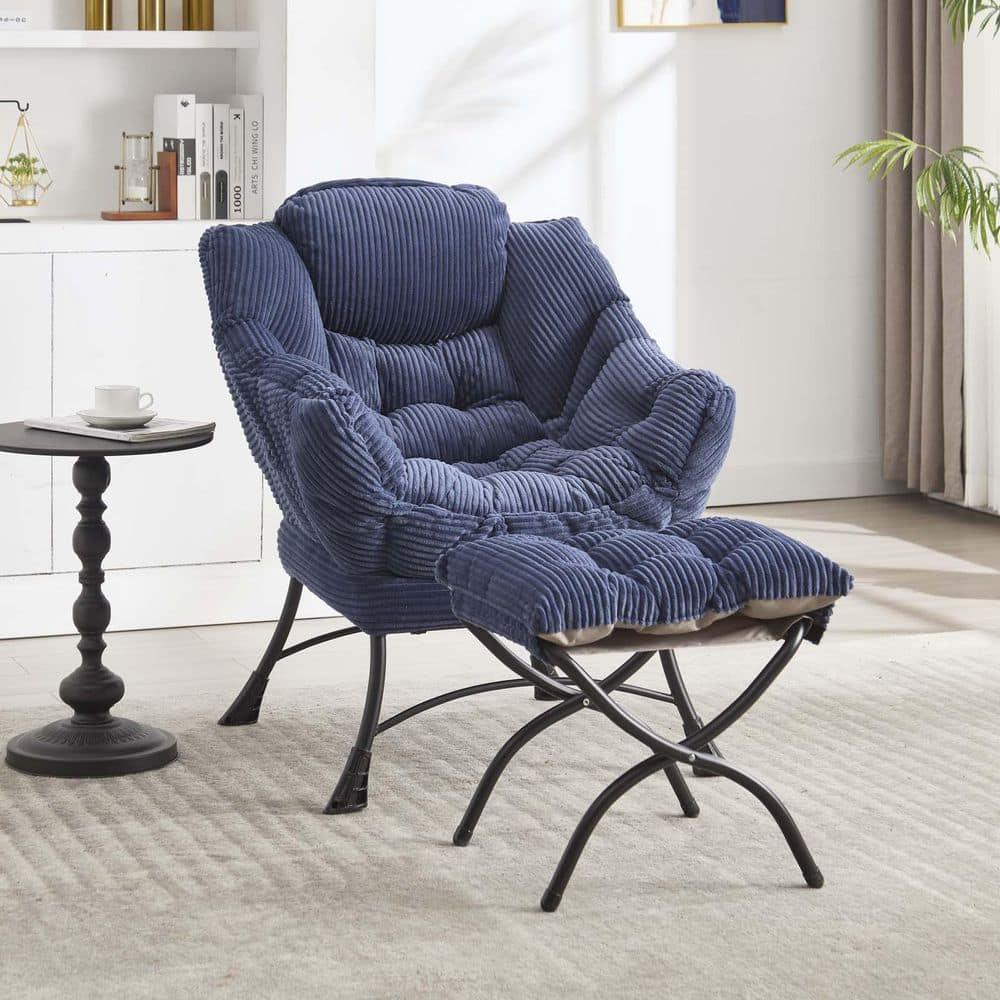 Modern Lazy Chair with Ottoman, Accent Chair with Armrests and a Side Pocket, Blue Cotton Reading Chair with Footrest-Coolbibila