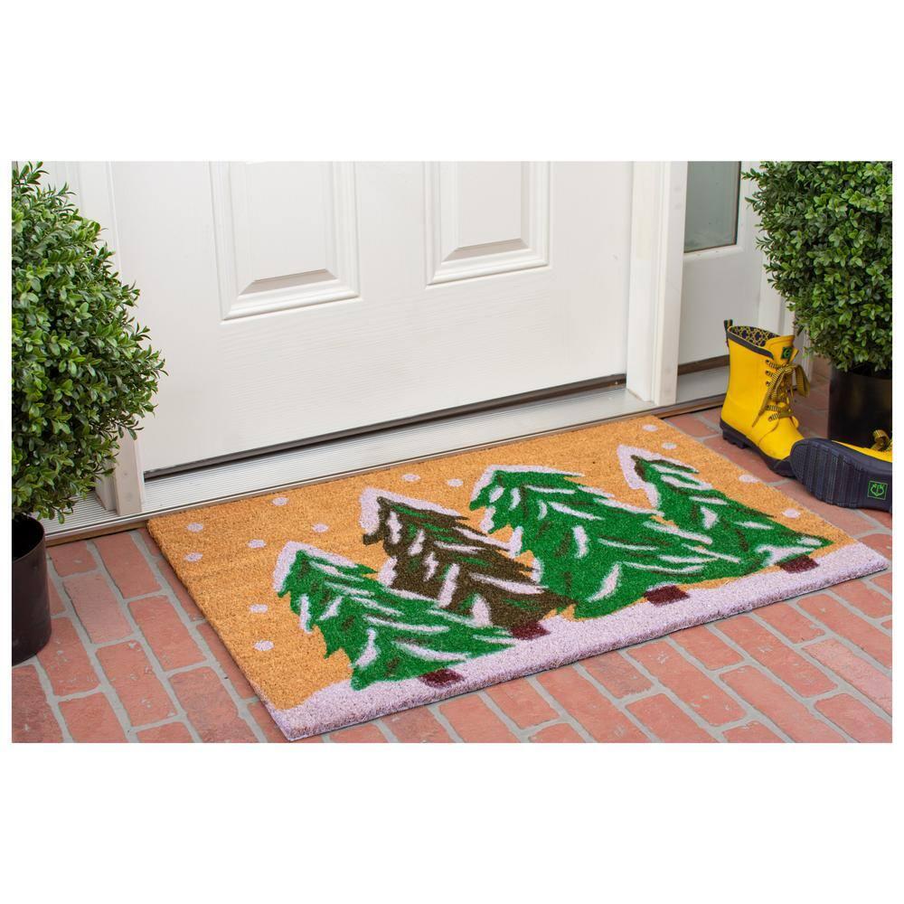 HomeRoots 17" X 29" Natural and Green Coir Christmas Trees Outdoor Christmas Door Mat