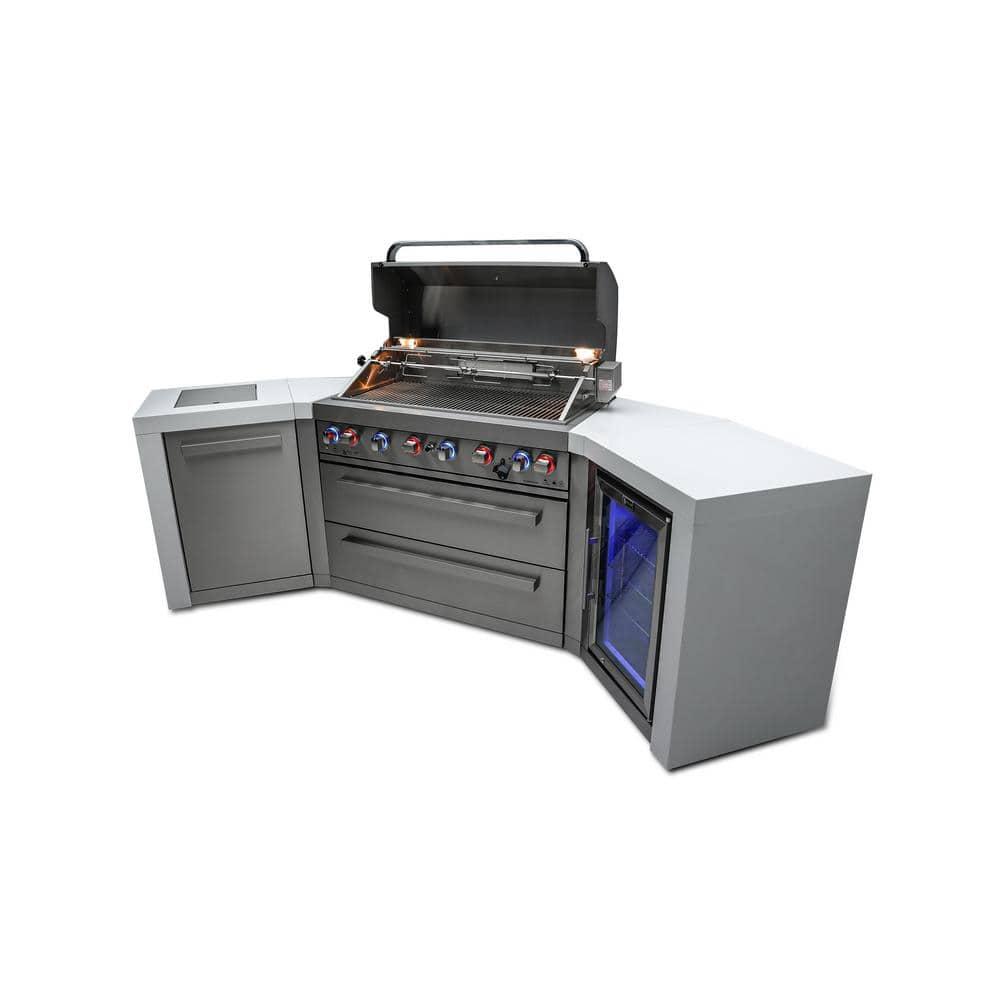Mont Alpi 805 6-Burner 115000 BTU MAi805-D45FC U-shaped Stainless Steel Deluxe Modular Outdoor Kitchen BBQ Island Grill + Fridge Cabinet - 2 Infrared Burners, White Granite Countertops, Rotisserie Kit