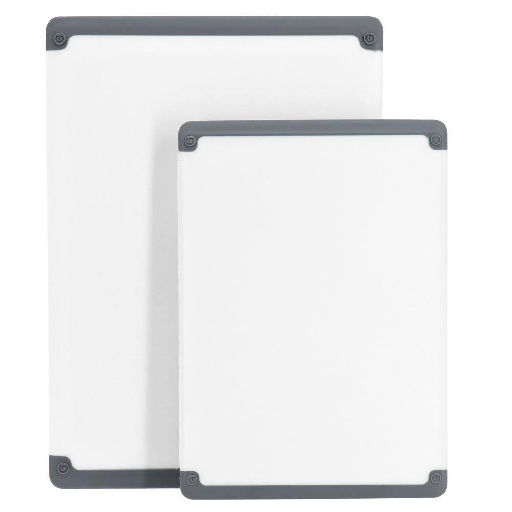 Oster Bergen 2 Piece Rectangular Plastic Cutting Board Set in White with Non-Slip Feet