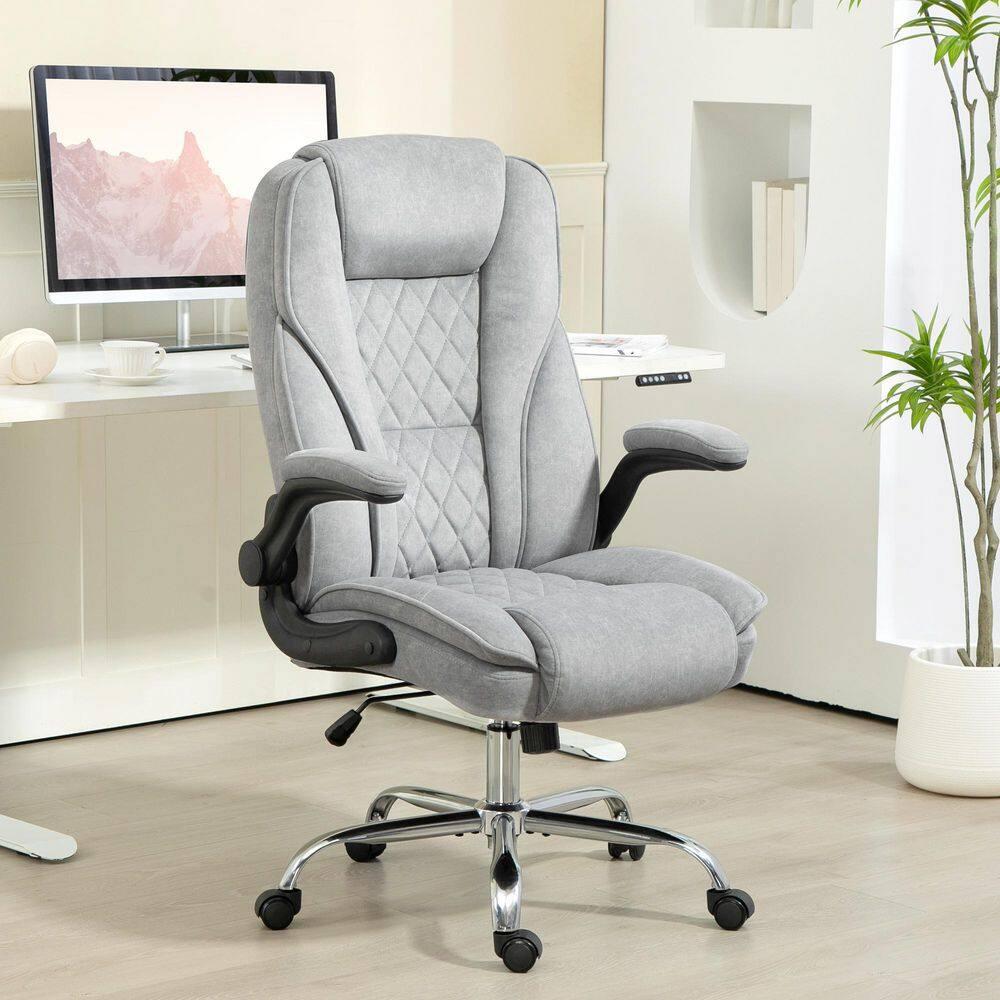 HOMCOM Executive Office Chair, Fabric Comfy Computer Desk Chair with Swivel Wheels, Flip-up Armrest, Adjustable Height, Gray
