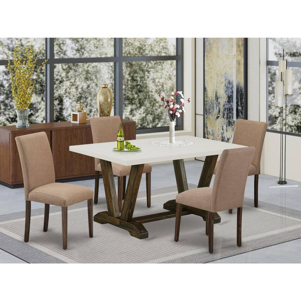 Red Barrel Studio® 5-Piece Dining Room Set Includes a Linen White (Off-White) Wood Table and 4 Light Sable Linen Fabric Parson Chairs - Distressed Jacobean Finish