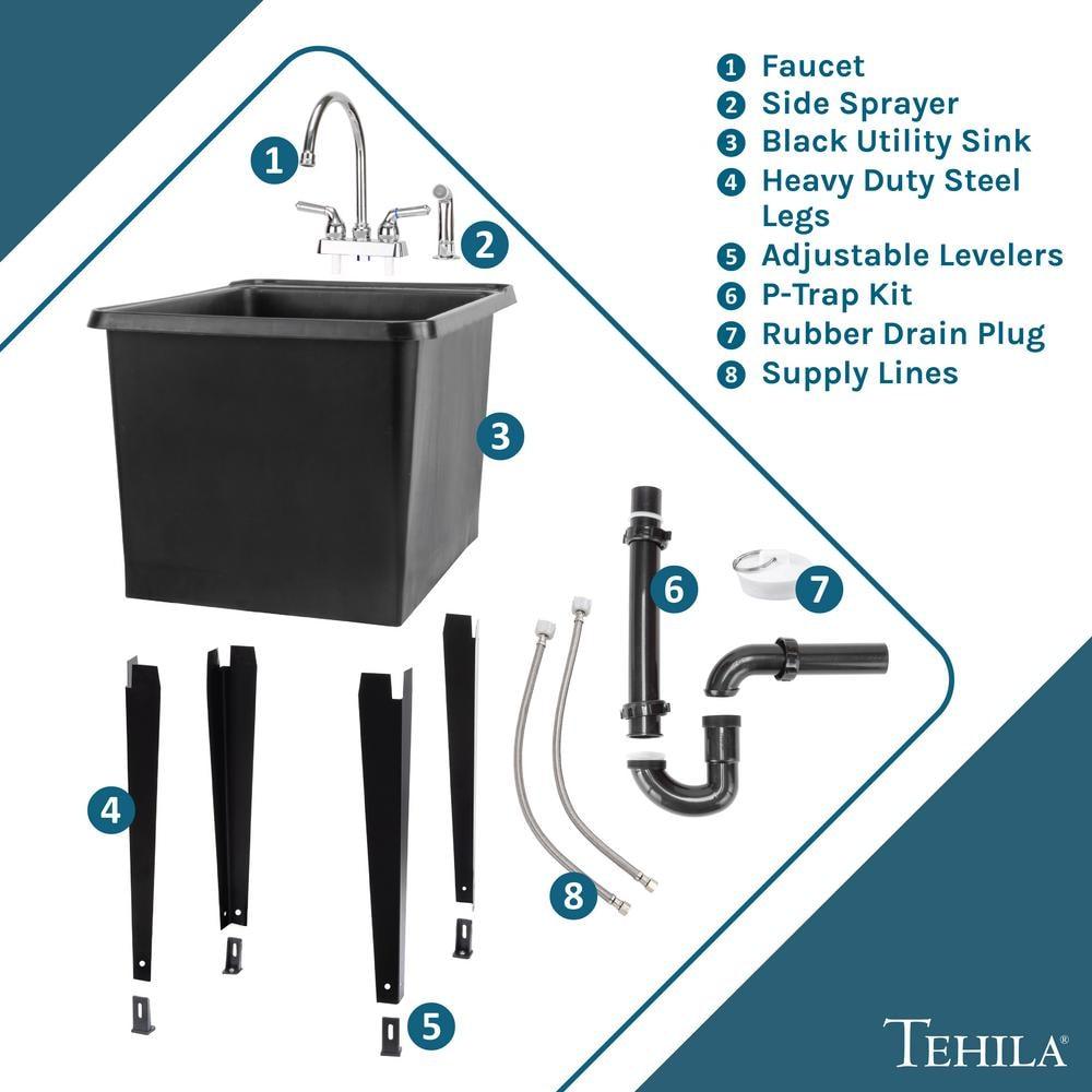 TEHILA Space Saver 16 Gallon Black Utility Sink with Chrome Finish Faucet & Side-Sprayer