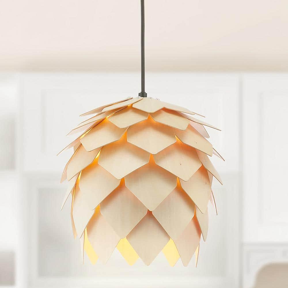 HOZO JYL6125A Simon 11.75" Pinecone Wood LED Pendant Contemporary Dimmable Adjustable Dining Room Living Room Kitchen Foyer Bedroom Hallway, Natural