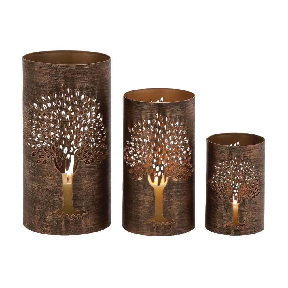 DecMode 3 Holder Copper Metal Tree Decorative Candle Lantern, Set of 3