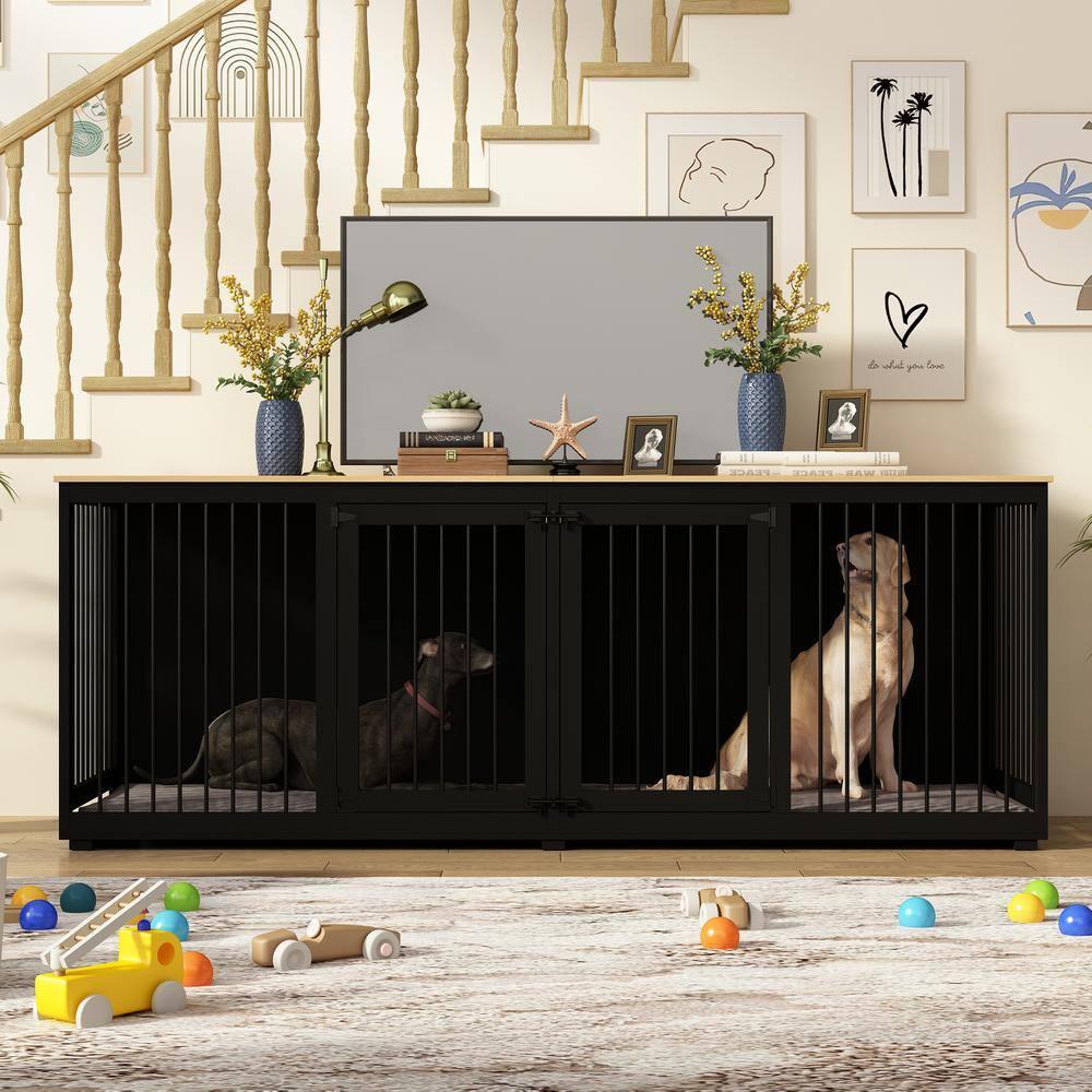 94.5" Extra Large Dog Crate Furniture, Heavy Duty Dog Kennel with a Removable Divider, Indoor Furniture Style Dog Crate House TV Stand with Double Rooms for Large Medium Breed Dogs, Black