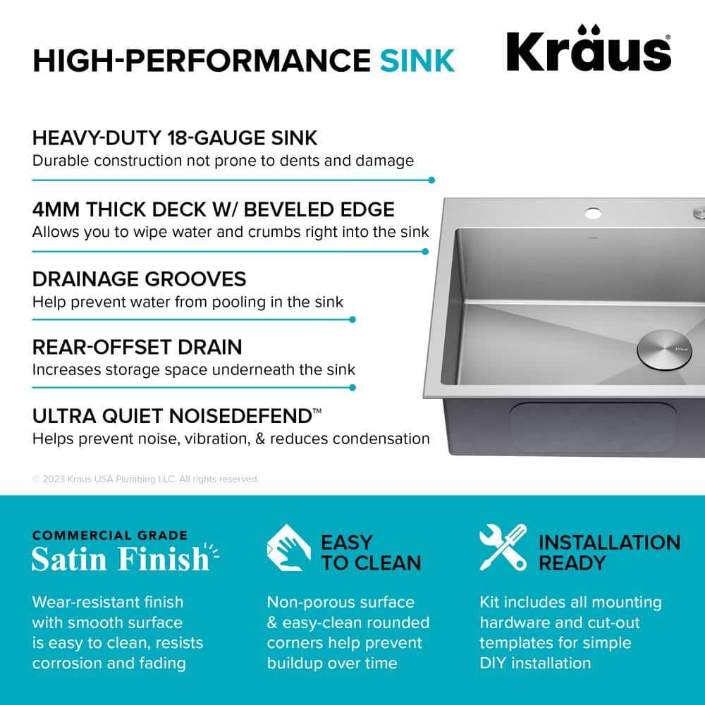Kraus KHT411-25 Standart Pro Drop-in Topmount 16 Gauge Single Bowl 2-Hole Stainless Steel Set (5 Item Bundle: Sink, Bottom Grid, Assembly, Drain Cap, Kitchen Towel), 25 Inch, Tight Radius