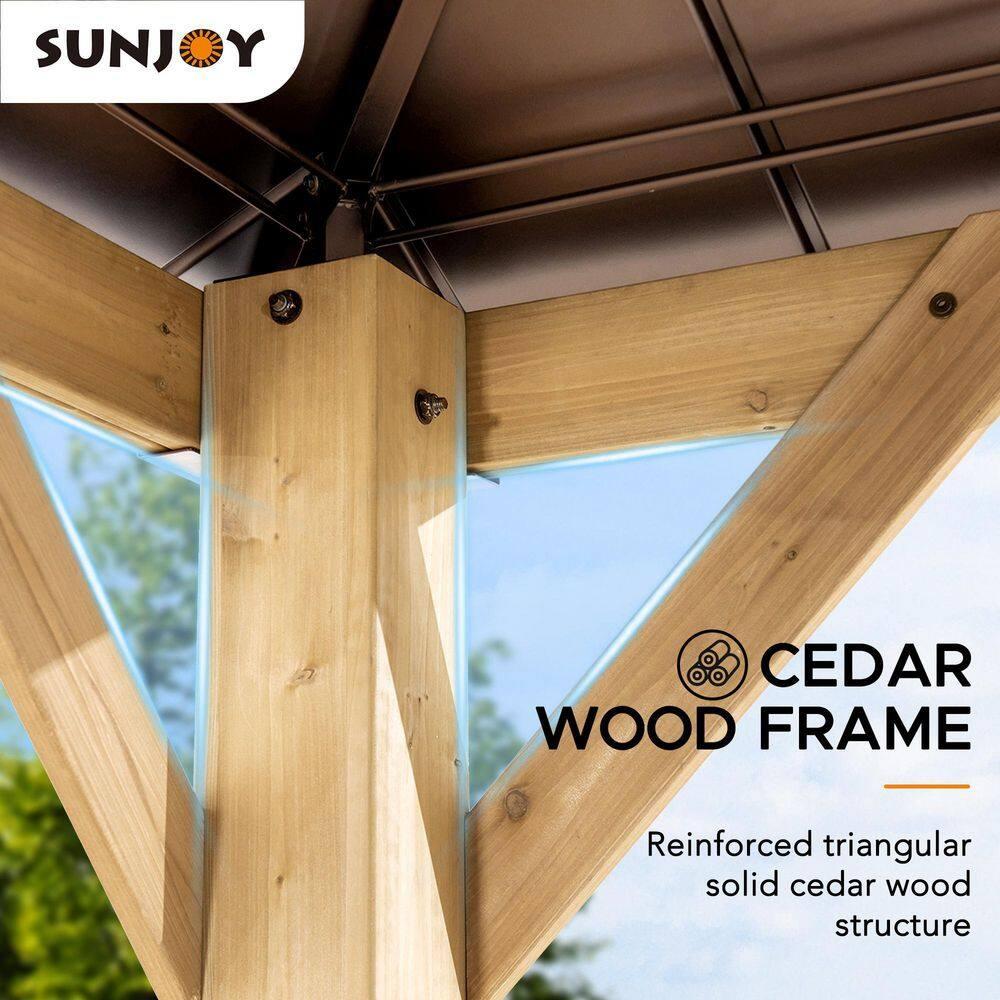 Sunjoy Sunjoy Hardtop Gazebo 11 x 13 ft. Upgrade Cedar Framed Wood Gazebos with Brown Steel and Polycarbonate Hip Roof Hardtop for Garden, Backyard Shade,