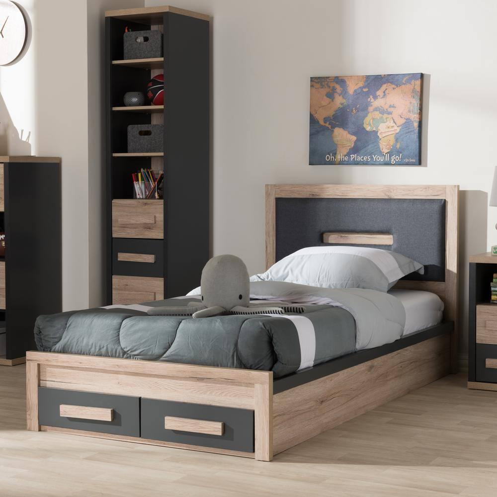 Baxton Studio Twin Pandora Modern and Contemporary Two Tone 2 Drawer Size Storage Platform Bed Dark Gray/Natural: Upholstered Headboard