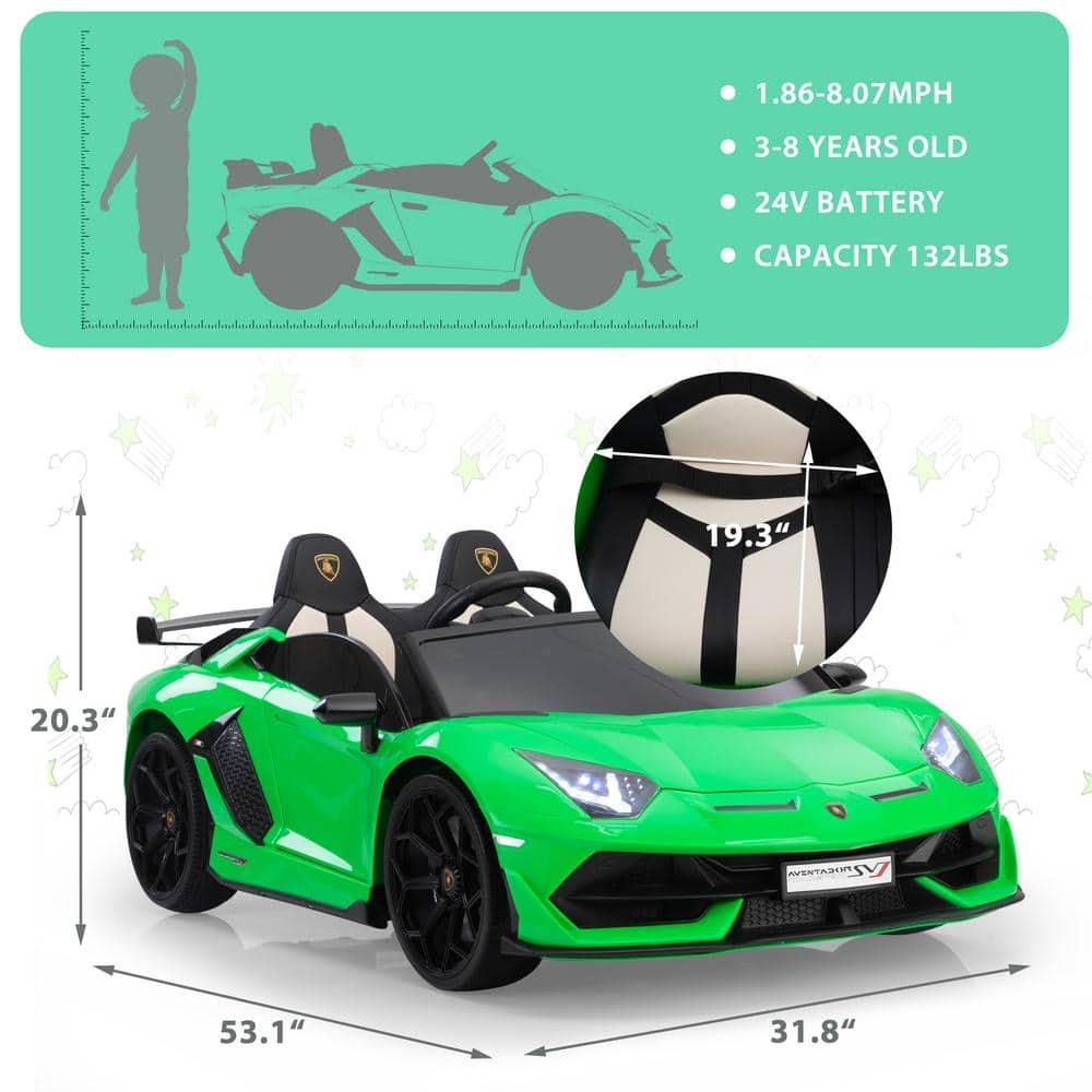 Tobbi 24V Lamborghini 2-seater Battery Powered Ride on with High/Low speed switch, Slow start function, Battery level display, MP3, USB, Light Drift Car for Kids 3-8