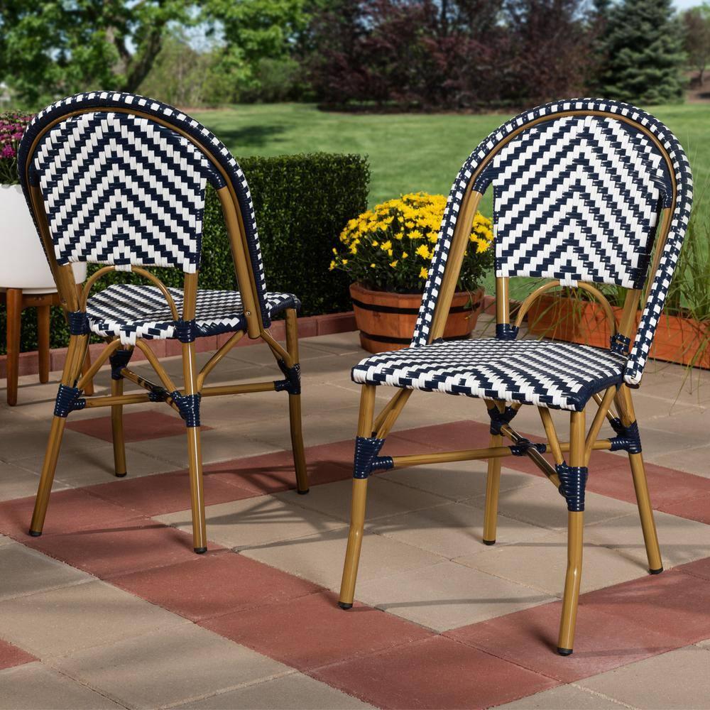 Set of 2 Celie Indoor and Outdoor Stackable Bistro Dining Chairs White/Blue - BaxtonStudio