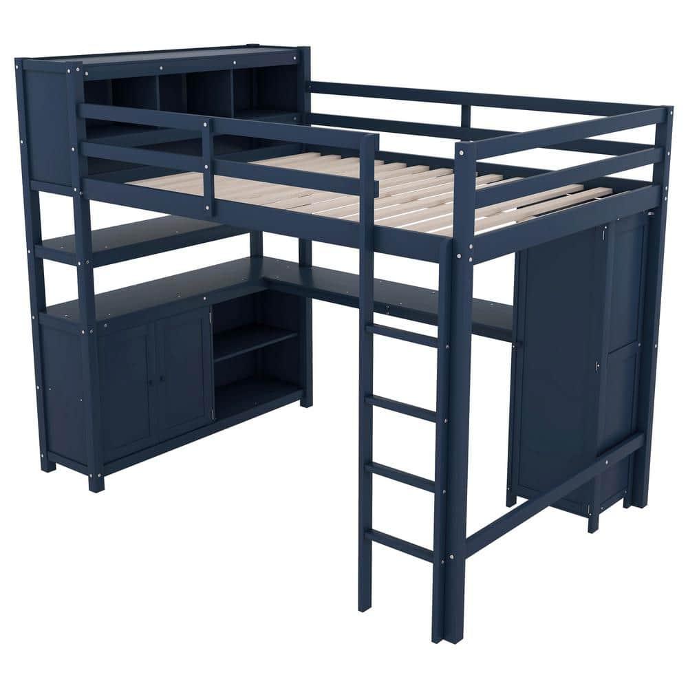 Dark Blue Full Size Wood Loft Bed with Wardrobe, Desk, Bookshelf and Cabinet