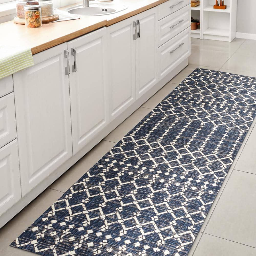 2' x 10' Ourika Moroccan Geometric Textured Weave Indoor/Outdoor Runner Rug, Navy/Beige - JONATHAN Y