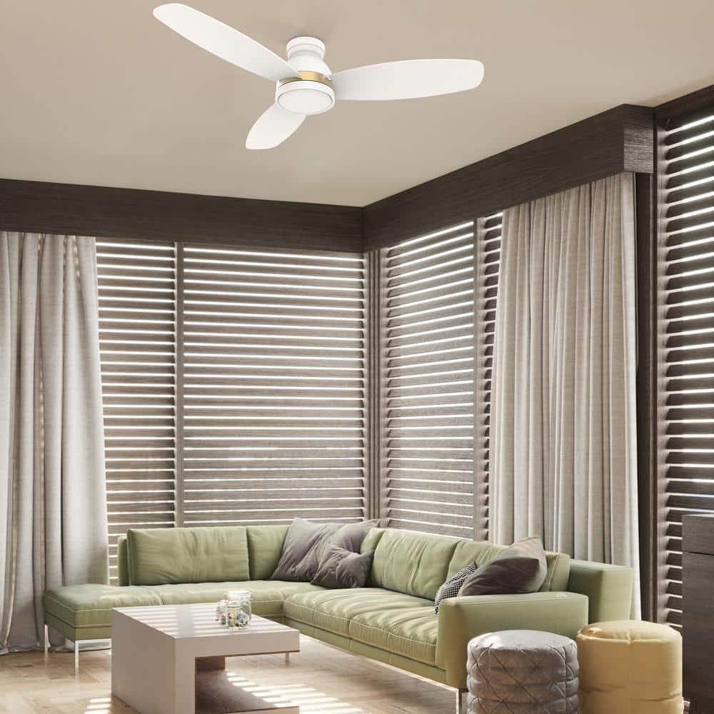 52" White/Gold Indoor Low Profile Smart Ceiling Fan with Remote Control and Dim Lights
