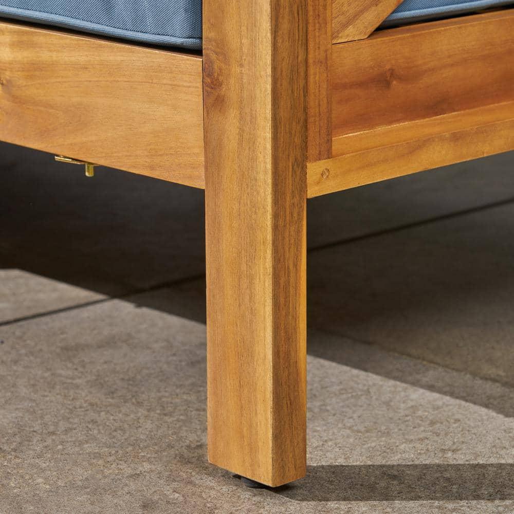 Luella Outdoor Modular Sectional Acacia Wood Loveseat with Cushions, Teak, Blue