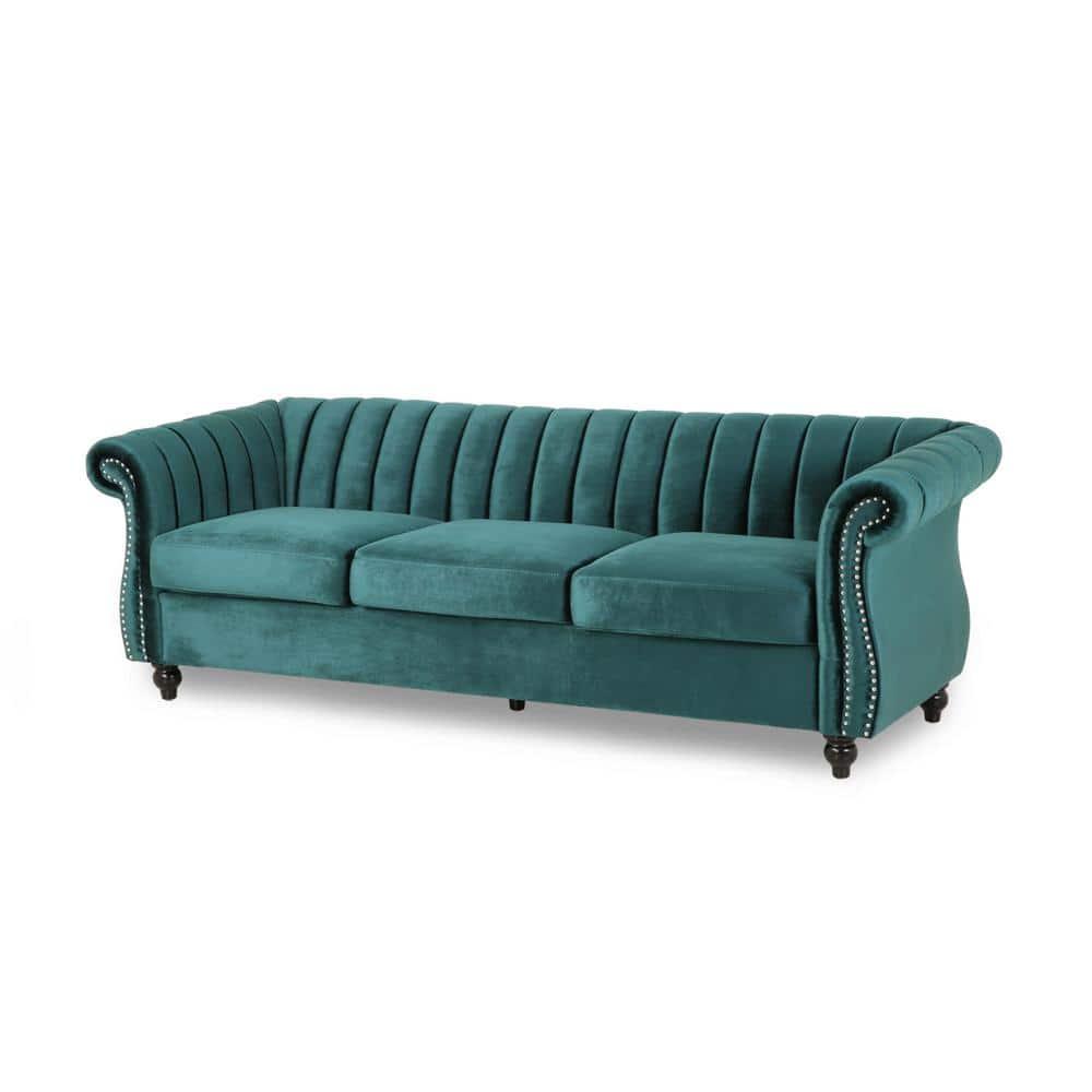 Noble House Fenix Velvet Channel Stitch 3 Seater Sofa, Teal