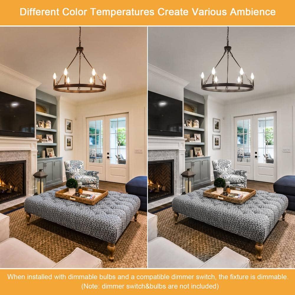 22.04 in. 6-Light Black Rustic Farmhouse Chandelier, Wagon Wheel Chandelier for Dining Room Living Room Bedroom Kitchen Black