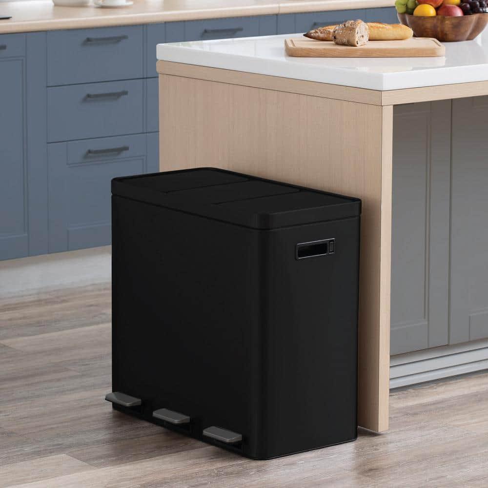 Black Stainless Steel 15.8 Gal. Step-On Kitchen Trash Can with Three Compartments
