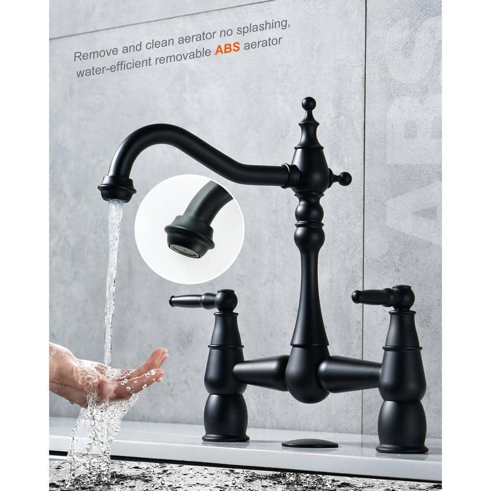 Matte Black Double Handle Bridge Kitchen Faucet with Swivel Spout