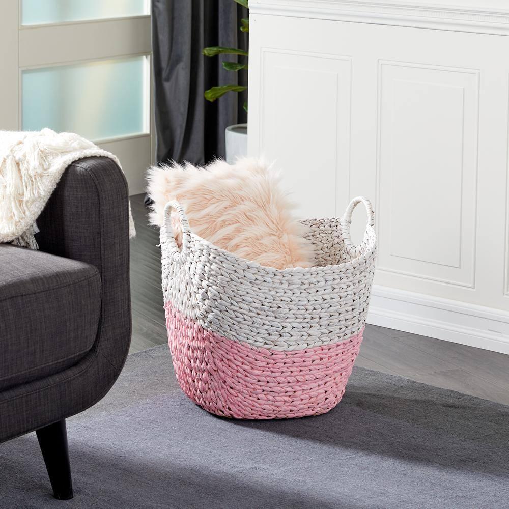 Cosmoliving by Cosmpolitan Seagrass Contemporary Woven Storage Basket 21"W x 19"H, with Daisy White Finish and Half Dipped Pink Accent