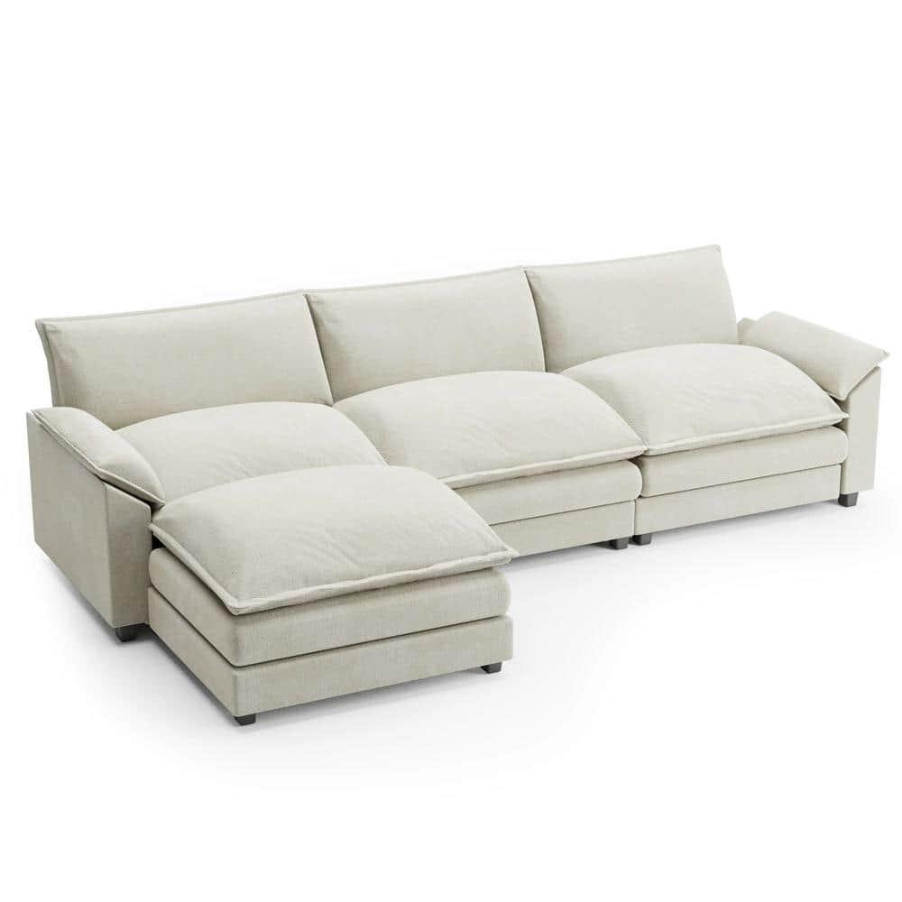 LACOO 118 in. Chenille L-Shaped Modular Sectional Sofa with Ottoman - Off White