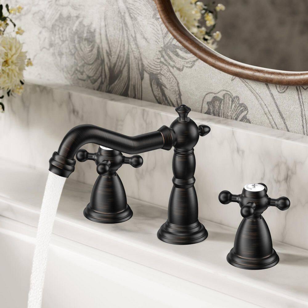 FORIOUS Vintage 3 Hole Bathroom Faucets Oil Rubbed Bronze, 2 Handle 8 Inch Widespread Antique Faucet for Bathroom Vanity RV Farmhosue Sink with Metal Pop Up Drain and Supply Lines