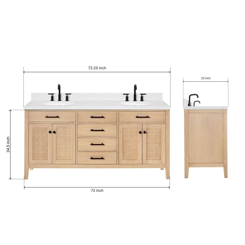 Camila 72 in. W x 22 in. D x 36 in. H Double Oval Sink Bath Vanity in White Oak with Carrara White Quartz Top